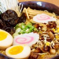 Miso Ramen Bowl · 7 hour chicken broth, chopped pork, cabbage, corn, soft boiled egg, scallions, wood ear mush...