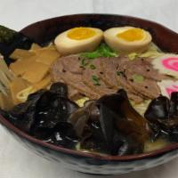 Beef Ramen Bowl · 7 hour chicken broth, topped with beef, soft-boiled egg, scallions, wood ear mushroom, bambo...