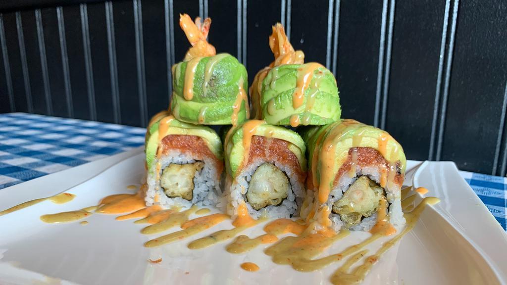 Playboy Roll · Shrimp tempura inside. Spicy tuna and avocado on top. With spicy mayo and wasabi mayo.
