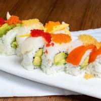 Rainbow Roll  · Tuna, salmon, shrimp, white fish on top of a california roll.