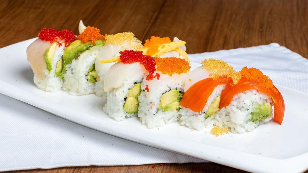 Rainbow Roll  · Tuna, salmon, shrimp, white fish on top of a california roll.