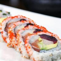 Chef'S Special Roll · Tuna, salmon, yellowtail, white fish, avocado, cucumber with tobiko outside.