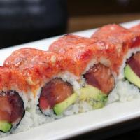 Red Boy Roll · Tuna, salmon, avocado with spicy tuna on top.