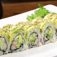 Caterpillar Roll · Avocado, cucumber, crab meat with avocado on top.