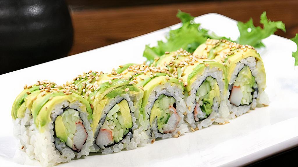 Caterpillar Roll · Avocado, cucumber, crab meat with avocado on top.