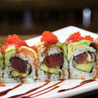 Angel Roll · Black pepper tuna, crunch inside and eel, salmon and avocado on the top.