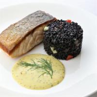 Organic Scottish Salmon · Black rice, yogurt honey mustard sauce, and dill.
(GF)