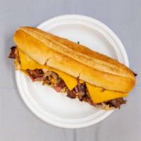 Pastrami Salami Hot Sandwich · Pastrami, turkey, salami, cheddar, onions, hot peppers, and mustard on a sub wrap roll.