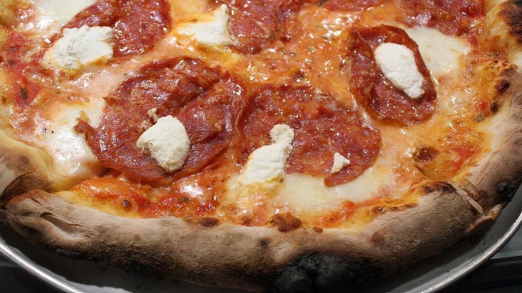 Williamsburg Pizza · Margherita topped with ricotta & hot sopressata