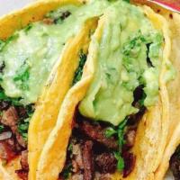 3 Tacos Beef / Bistec · Beef.
IT INCLUDES GUACAMOLE IT IS MADE WITH MEXICAN AVOCADO TOMATO ONION CILANTRO LEMON AND ...