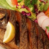Red Snapper In Garlic Sauce / Mojarra Al Mojo De Ajo · ACCOMPANIED BY YELLOW RICE, RED BEANS,
AND A GREEN SALAD ACCOMPANIED BY YOUR LEMON AND GREEN...