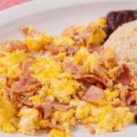 Breakfast Ham Eggs / Huevos Con Jamon · ACCOMPANIED WITH RICE, RED BEANS, CHEESE, CREAM, AVOCADO AND TWO HANDMADE TORTILLAS WITH THE...