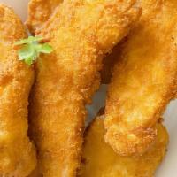Chicken Tenders · Breaded chicken strips with your choice of honey Dijon or BBQ sauce.