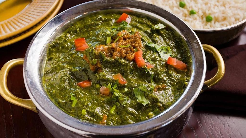 Saag Kalimirch Gosht · Spicy. Spiced lamb chunks, spinach, and black peppercorn.