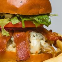 Gorgonzola Burger · Crumbled gorgonzola, caramelized onions, applewood bacon, lettuce, tomato, hand-cut fries an...