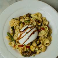 Burrata, Orecchiette With Grilled Vegetables · Fresh pasta with burrata cheese and vegetables in a EVOO, garlic and white wine sauce. Finis...