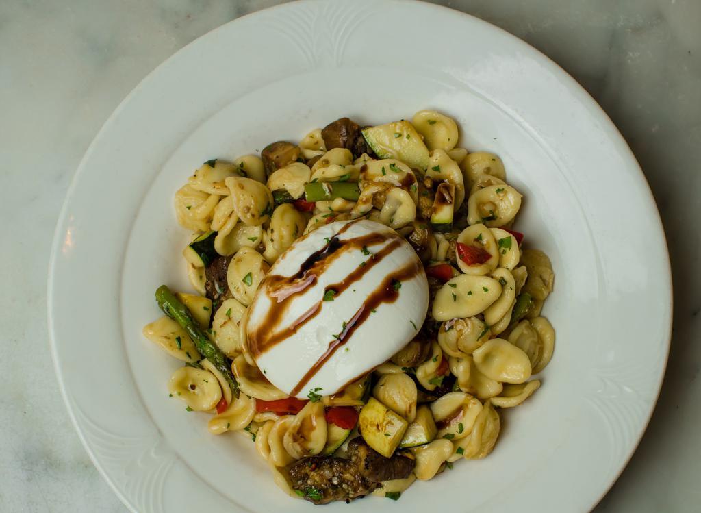 Burrata, Orecchiette With Grilled Vegetables · Fresh pasta with burrata cheese and vegetables in a EVOO, garlic and white wine sauce. Finished with basil pesto and balsamic glaze.