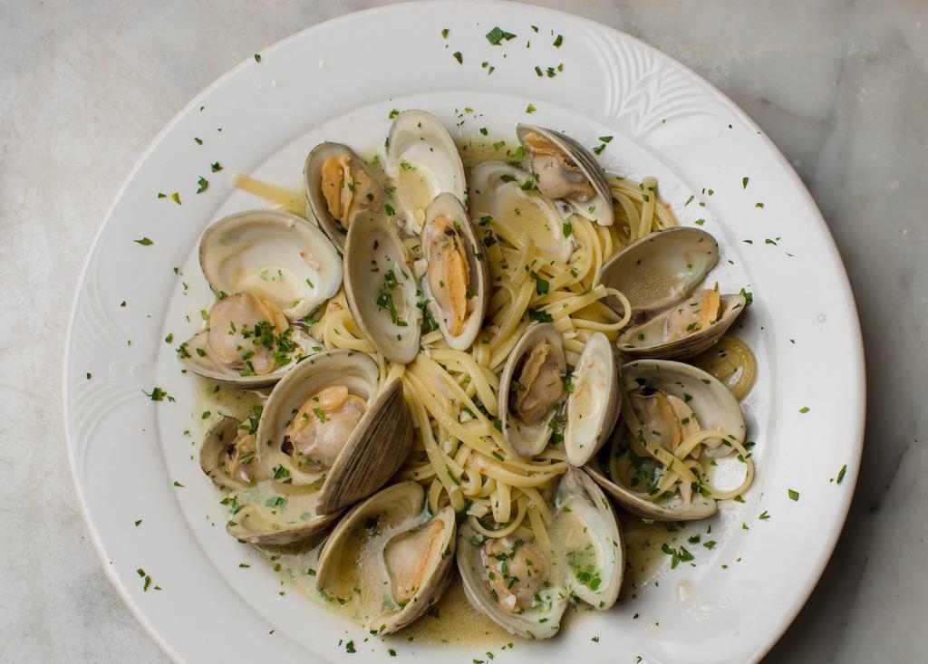 Linguini Alla Vongole · Little neck clams, garlic, fresh herbs, extra virgin olive oil and choice of a white or red sauce.