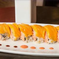 Bumble Bee Roll
 · spicy crabmeat, cucumber inside topped with fresh mango.