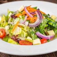 House Salad · Romaine, red onions, cherry tomatoes, celery, cucumber, provolone chunks, house dressing.