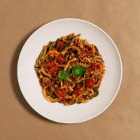 Arribiata Zoodles · Zucchini noodles in an spicy tomato sauce with roasted bell peppers.