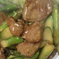 Beef With Asparagus In Brown Sauce · Sliced Beef with Fresh Asparagus sauteed in a Brown Sauce. Not Spicy.