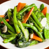 Mixed Vegetables With Fresh Garlic · Chinese broccoli, snow peas, string beans, and carrots.