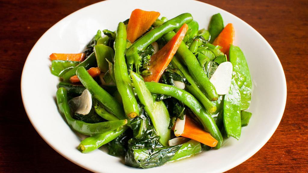 Mixed Vegetables With Fresh Garlic · Chinese broccoli, snow peas, string beans, and carrots.