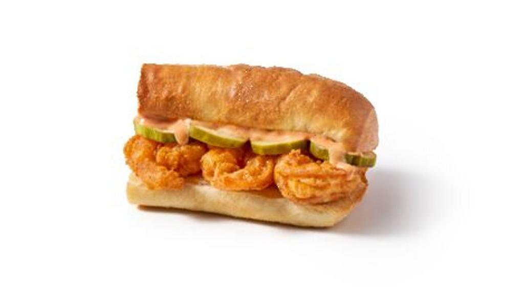 Shrimp Po'Boy Basket ($6.49): · Shrimp po boy (double hand breaded shrimp, our signature sauce, and dill pickle slices on a buttered toasted hoagie roll) and choice of small side