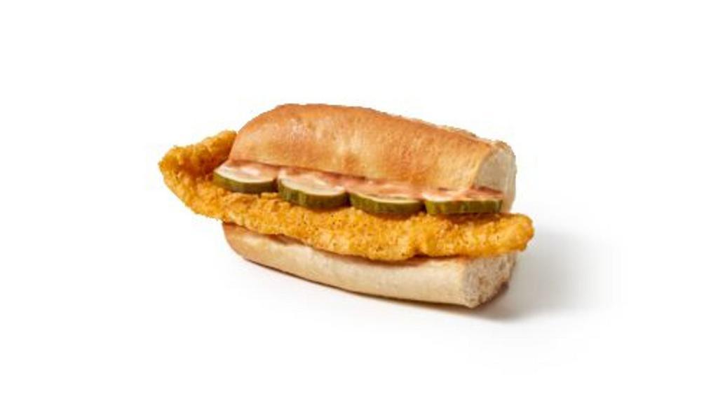 Fish Po'Boy Sandwich · Hand breaded fish, our signature sauce, and dill pickle slices on a fish po'boy sandwich ($4.99): buttered toasted hoagie roll