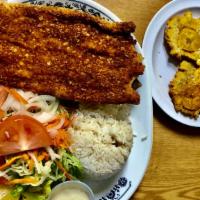 Breaded Fish / Pescado · Pescado apanado. Fried fish, rice, plantains, salad. Pescado, arroz, ensalada y tostones.