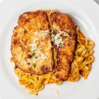 Parmesan Crusted Chicken Breast · House made spinach linguine, vodka sauce.