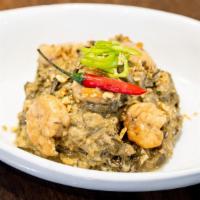 Laing · Dried taro leaves cooked in coconut milk with shrimp paste and baby shrimp.