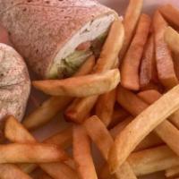 Turkey Avocado Wrap · Turkey, avocado, bacon, Swiss, lettuce, and tomato. Served with fries, coleslaw, and pickle.