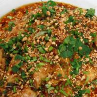 Steamed Chicken With Chili Sauce 口水雞 · Spicy.