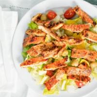 Grilled Chicken Salad · Romaine lettuce, grape tomato, cucumber, olives, banana peppers, topped with fresh grilled c...