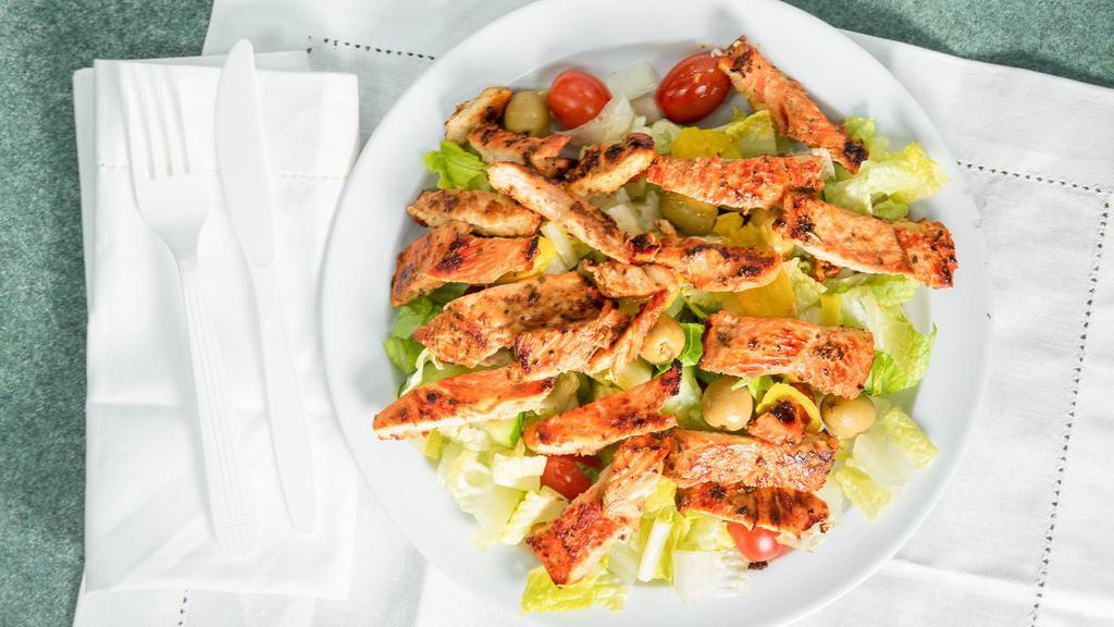 Grilled Chicken Salad · Romaine lettuce, grape tomato, cucumber, olives, banana peppers, topped with fresh grilled chicken.
