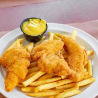 Chicken Tenders · Three crispy pieces French dipping sauce trio.