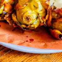 Carciofi Alla Giudea · fried artichokes with lemon-aioli dip.

Consuming raw or undercooked meats, poultry, seafood...