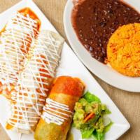 Combinación Texana · Combination platter of one chicken chimichanga, one steak burrito and one cheese enchilada i...