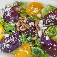Roasted Beet Salad · Baby greens, goat cheese, pistachio, oranges and citrus vinaigrette.