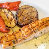 Roasted Salmon · Served with grilled vegetables ratatouille and creamy mustard sauce.