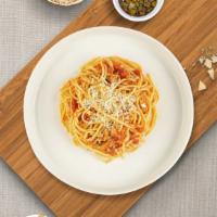 Sausage Savior Pasta (Spaghetti) · Fresh spaghetti in a homemade rossa sauce topped with spicy Italian sausage, minced garlic, ...