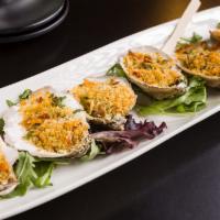 Baked Oysters (6) · Fresh baked blue points top with signature seasoning and breadcrumb.
