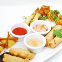 Appetizer Sampler · Crispy spring rolls, golden fritters, curry puff, martini crispy shrimp and crab Rangoon.