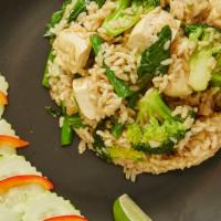 Fried Brown Rice · With tofu and green vegetables. Vegetarian. Vegan.
