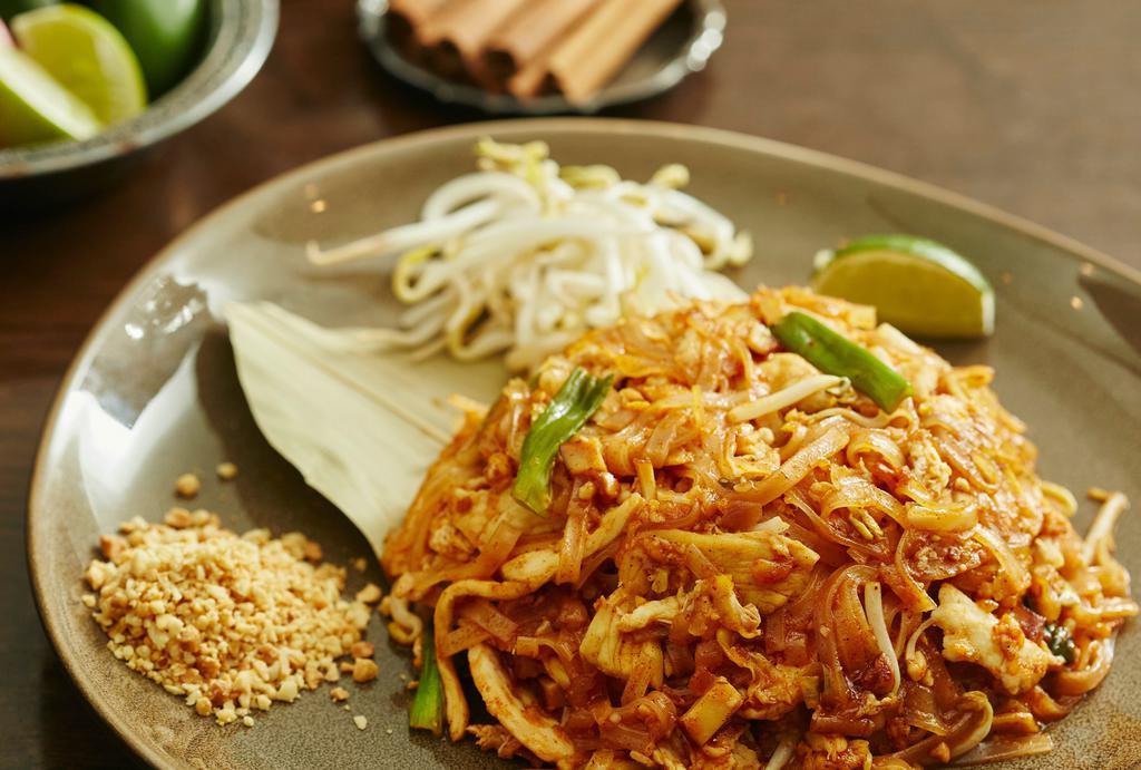 Pad Thai · With rice noodles, egg, radish, peanut, bean sprouts, scallion.