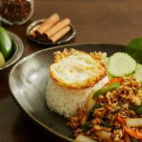 Kao Pao Kai Sub · Ground chicken and basil with fresh chili, bell peppers, holy basil, garlic, karma son-in-la...