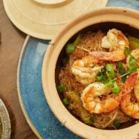 Geyser Shrimp Clay Pot · Jumbo shrimp, vermicelli, ginger, celery, sesame oil, scallion, cilantro, garlic sauce.