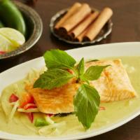 Green Curry Salmon  · Bamboo shoots, Thai eggplant, bell peppers, Thai basil